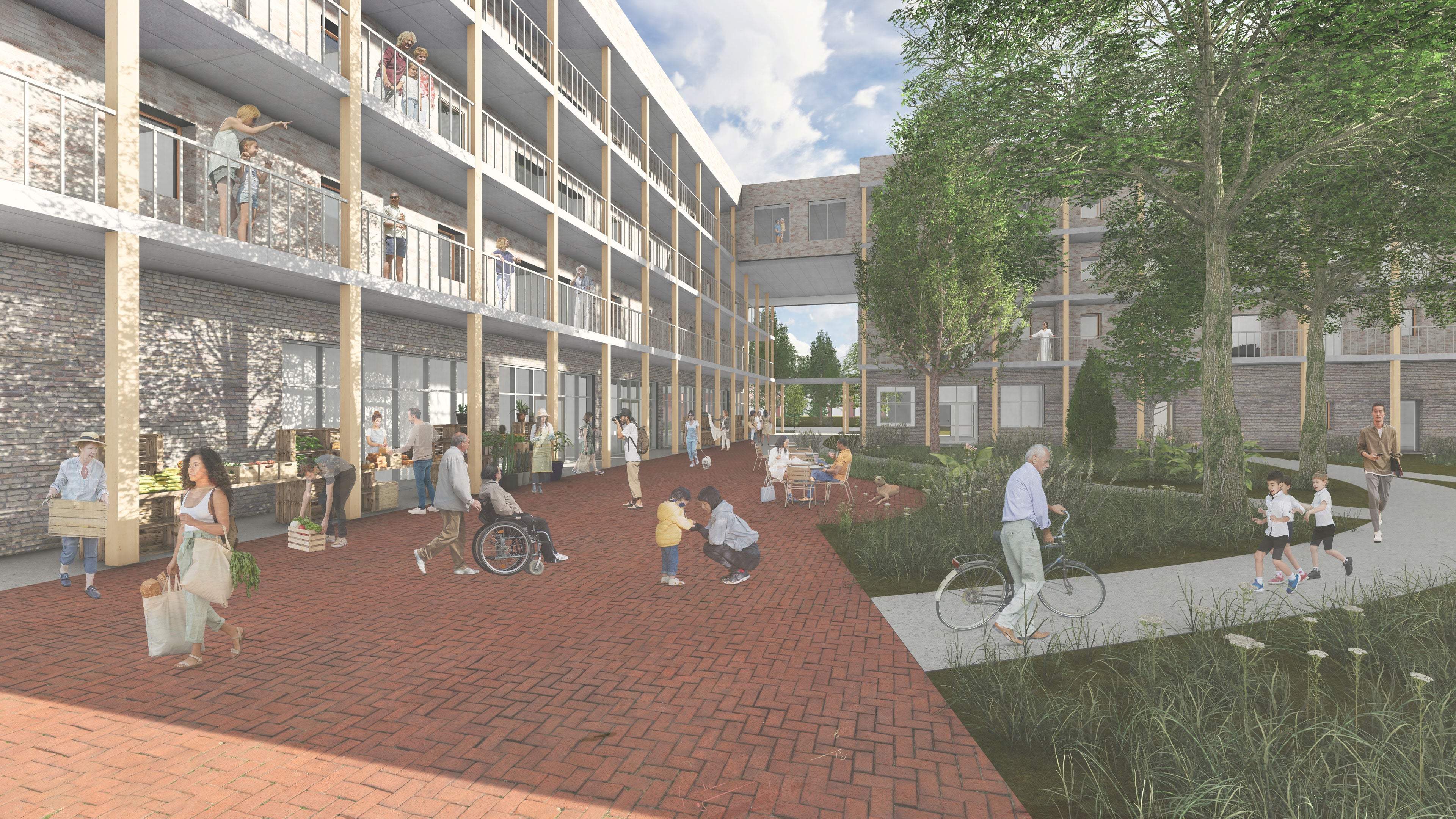 and outdoor market in the courtyard of a four story building