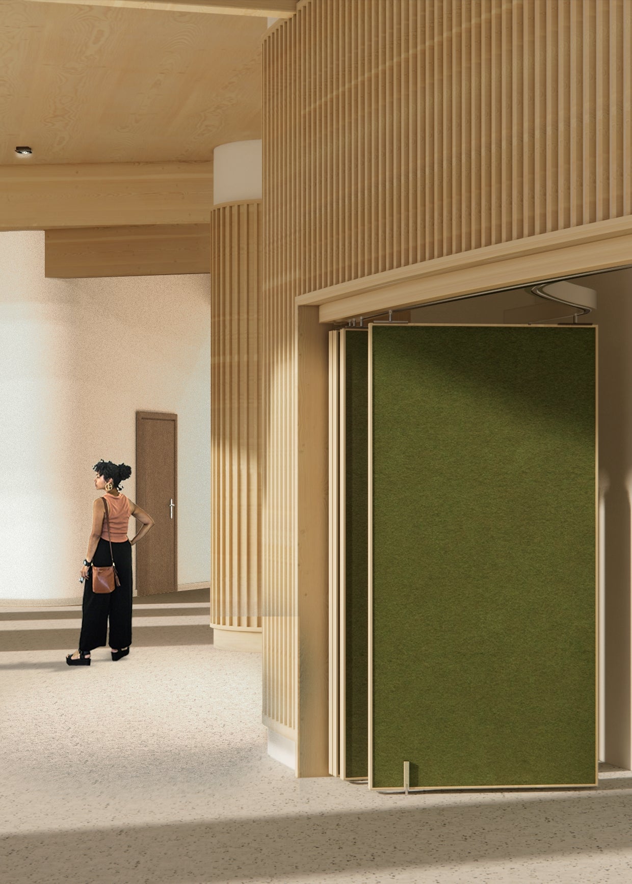 architectural rendering of a building interior depicting a hall way with a green door