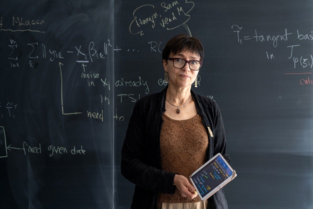 Professor Marina Meila stands in front of a blackboard
