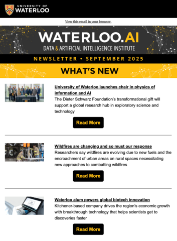 A University of Waterloo AI Institute newsletter for September 2025 titled “What’s New”.