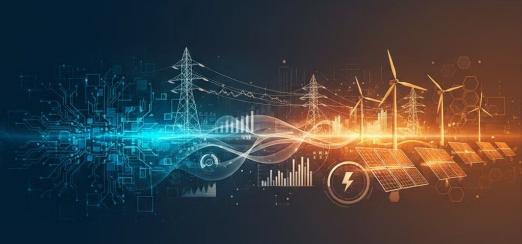 An abstract digital illustration of energy sources, showing wind turbines, solar panels, power lines, and electrical grids, surrounded by data and technology visuals, representing sustainable energy and modern infrastructure.