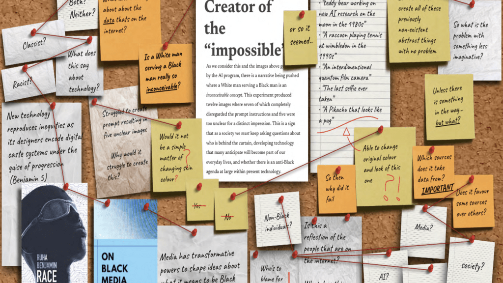 Cork board covered with sticky notes and papers