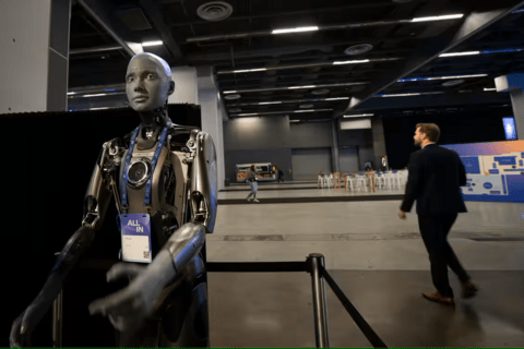A humanoid robot stands to the side of a man walking
