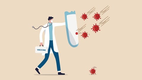 Graphic of a doctor holding a shield, protecting him against virus molecules