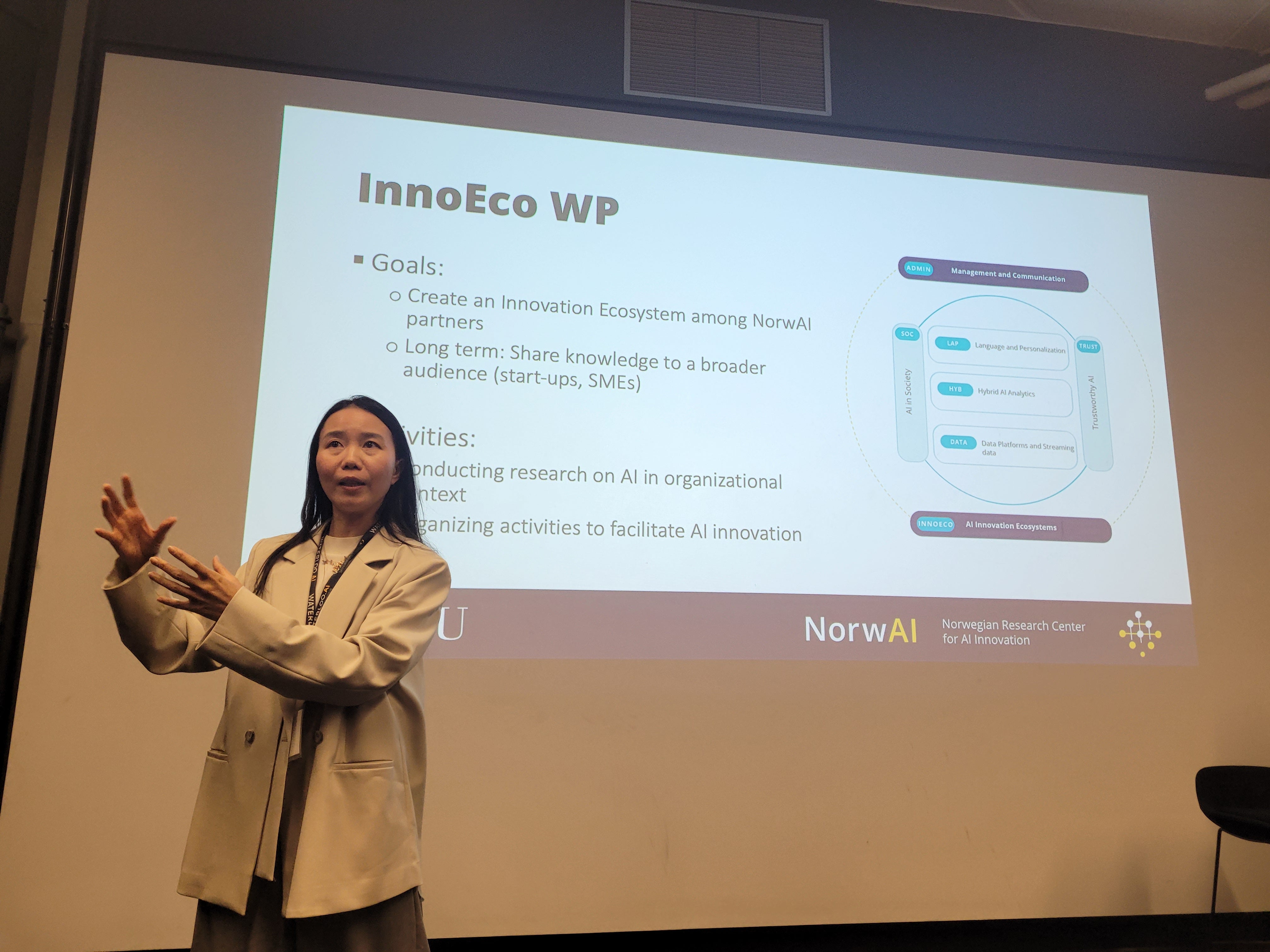A researcher presents on NTNU and NorwAI's AI innovation ecosystems.