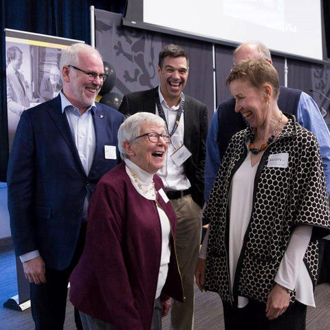 Pat Rose laughing with her former students
