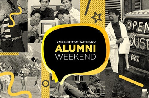 Alumni weekend logo with archival photos of students