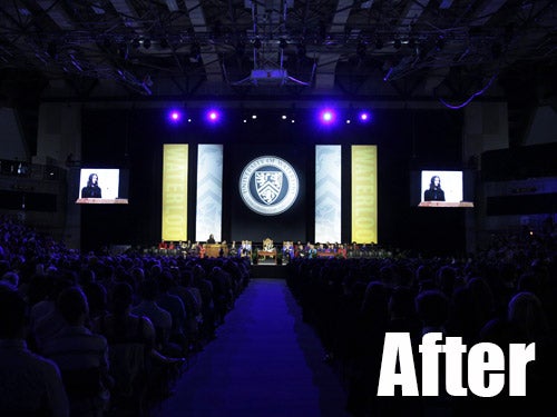 The new convocation stage with a black backdrop and modern UWaterloo banners