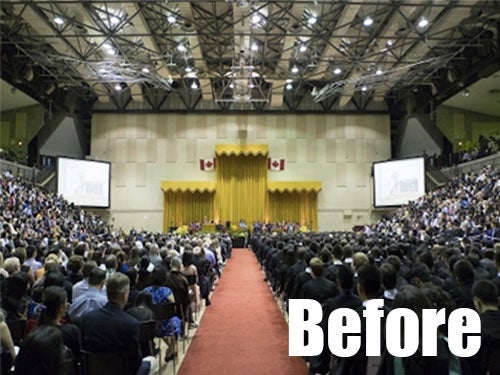 The old convocation stage with outdated yellow curtains