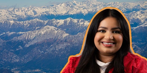 Headshot of Taran Kandhola superimposed on a backgroun of snowy mountain tops