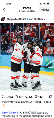 Instrgram screenshot with Kristin 'O'Neill and two team mates smiling after goal on the ice
