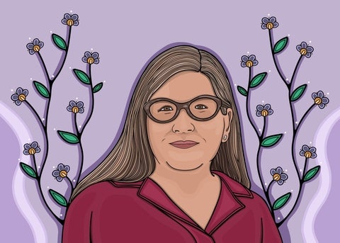 Illustration of Sarah Deer, with flowing floral vines