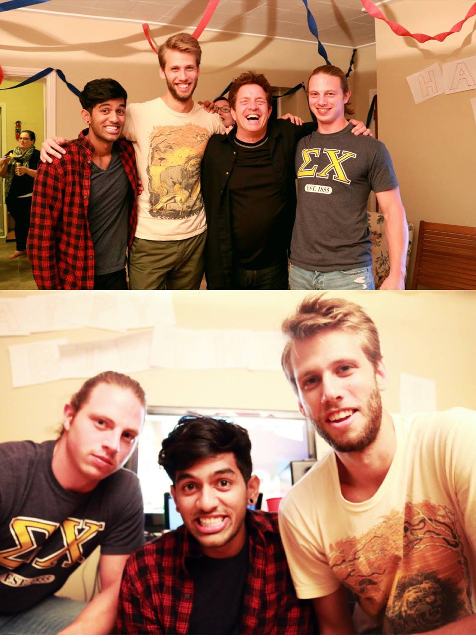 Stacked photos, one of four friends and the other of three smiling at a party