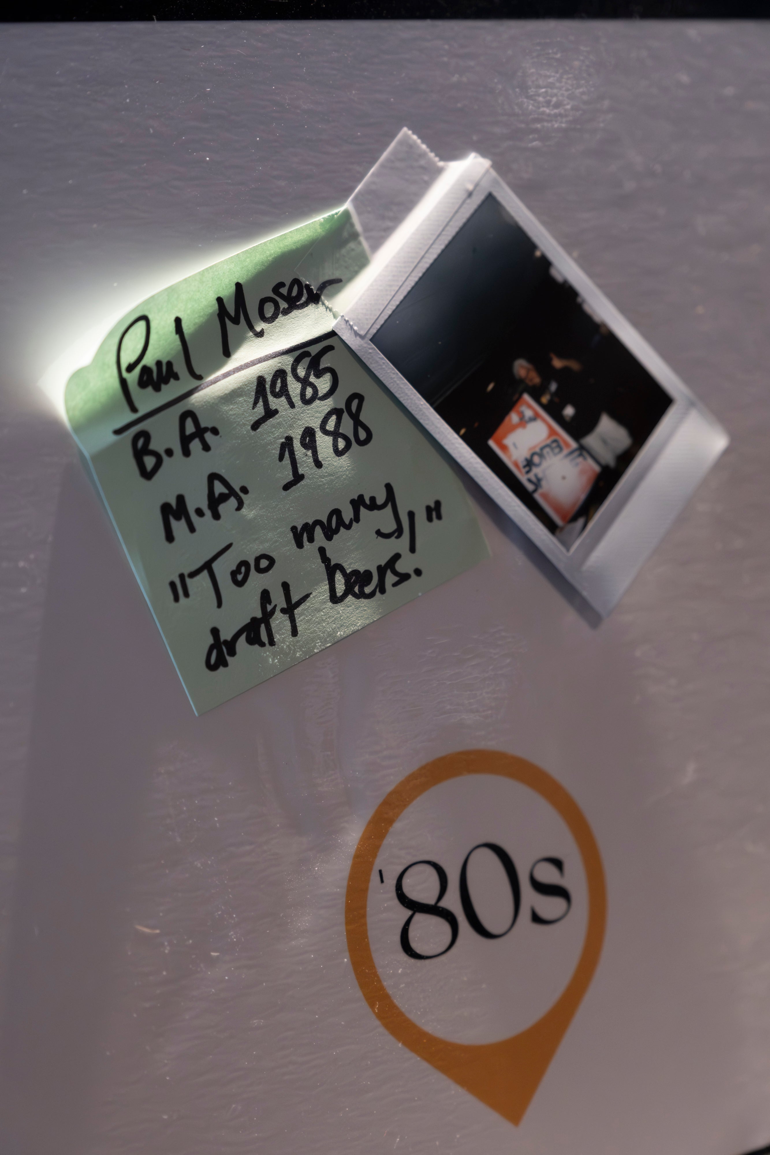A note reads "Too many draft beers" beside a polaroid photo of a person at a bar