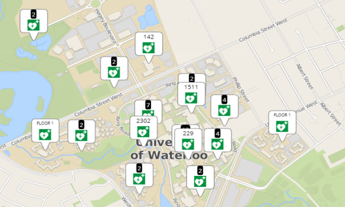 Image of the University of Waterloo Campus Map highlighting where all external defibrillators are on campus