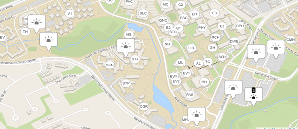 Image of the University of Waterloo Campus Map highlighting all help lines on icon