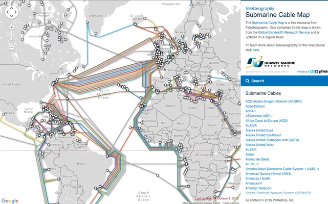 Map of the undersea cables across the Atlantic Ocean