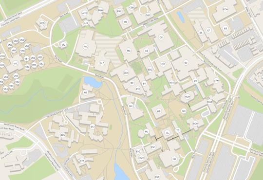 A labelled map of the University of Waterloo main campus