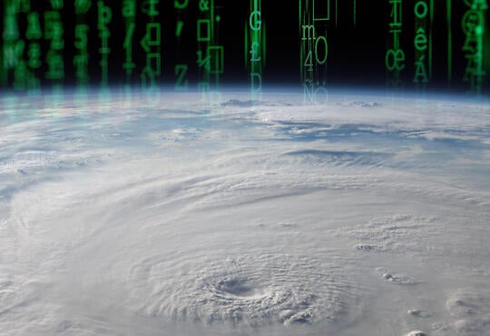 satellite view of a hurricane. Green code in the background.