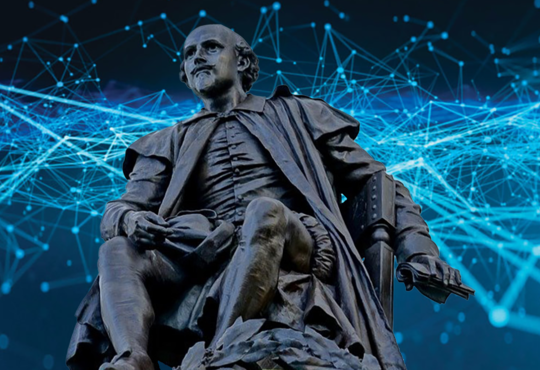 statue of william shakespear. Background of blue technological design.