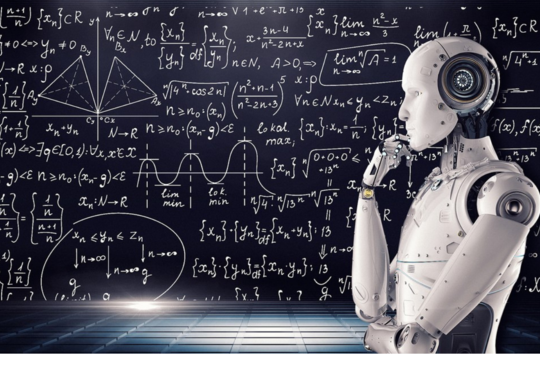 robot infront of a calkboard with mathetical equations