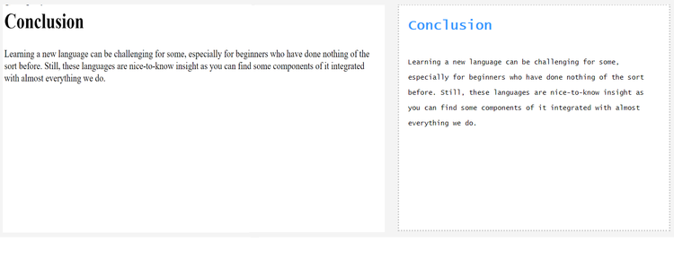 css layout and design of the conclusion section