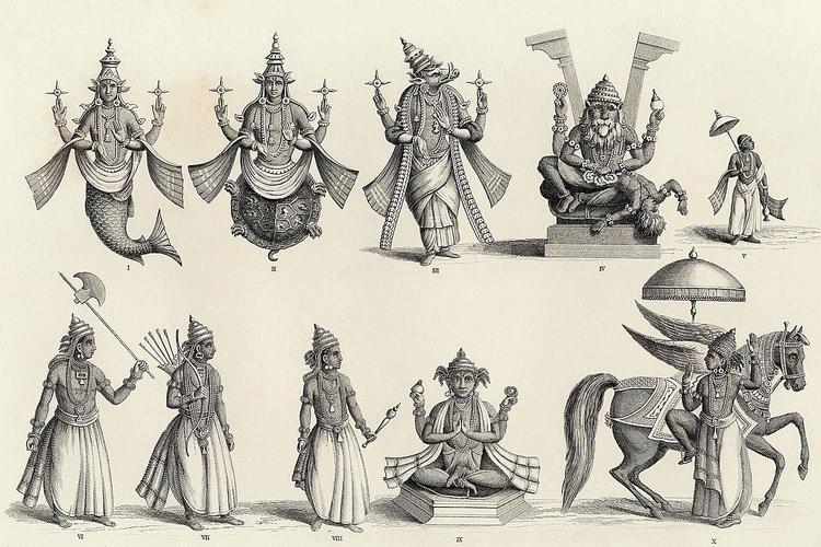 The ten avatars of the hindu god Vishnu