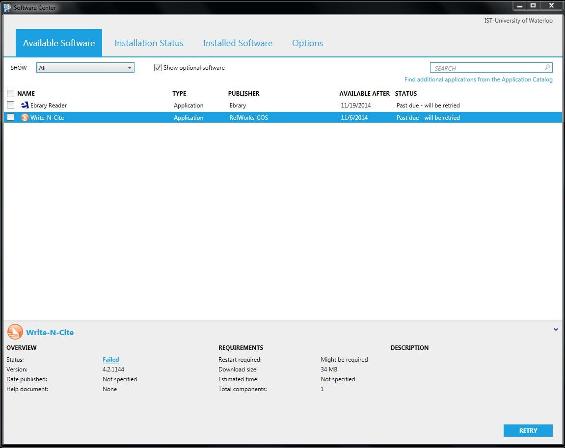 Available Software screen on Windows 7