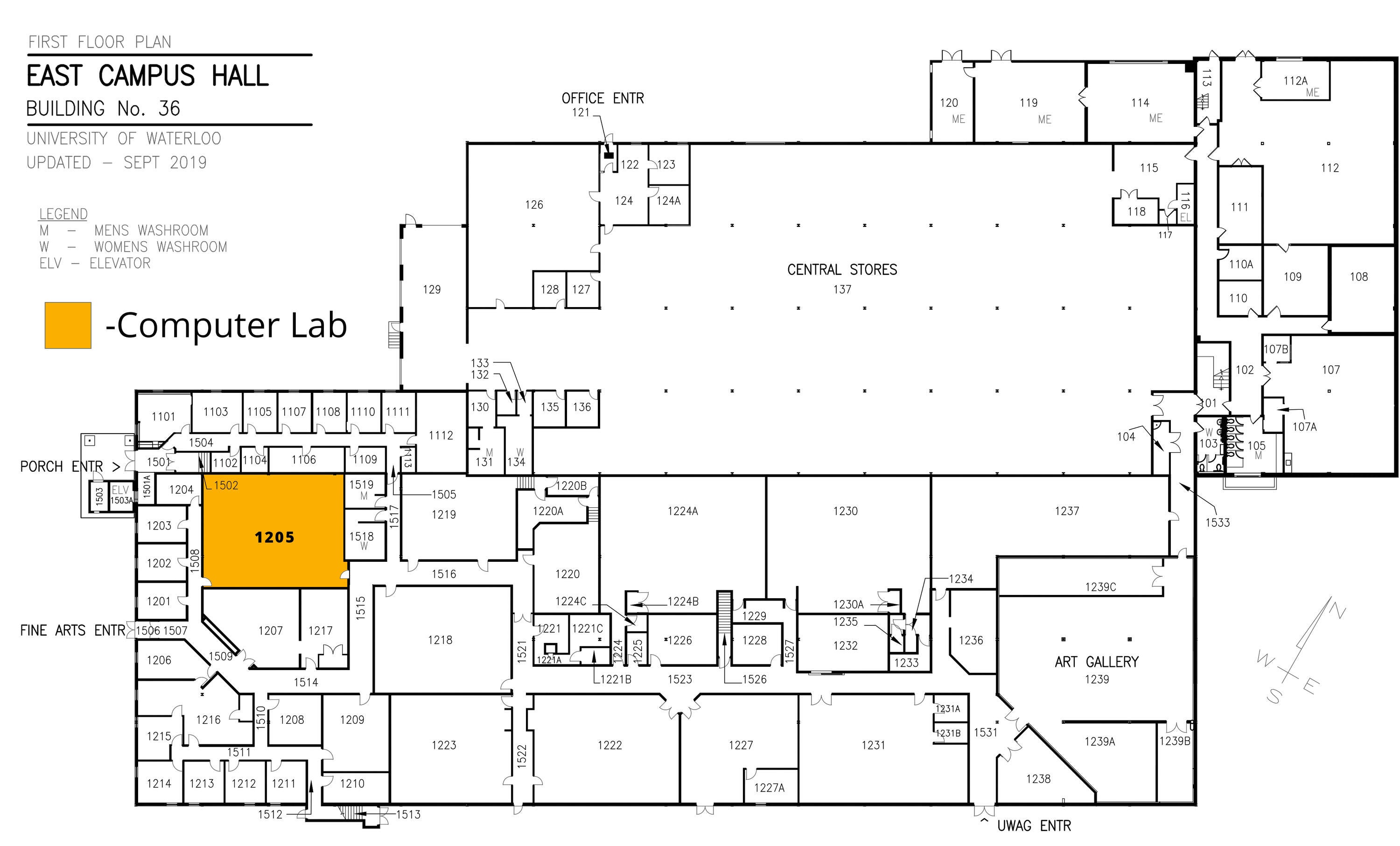 A map of the arts computing office's facilities in East Campus Hall. There is a computer lab in ECH-1205.