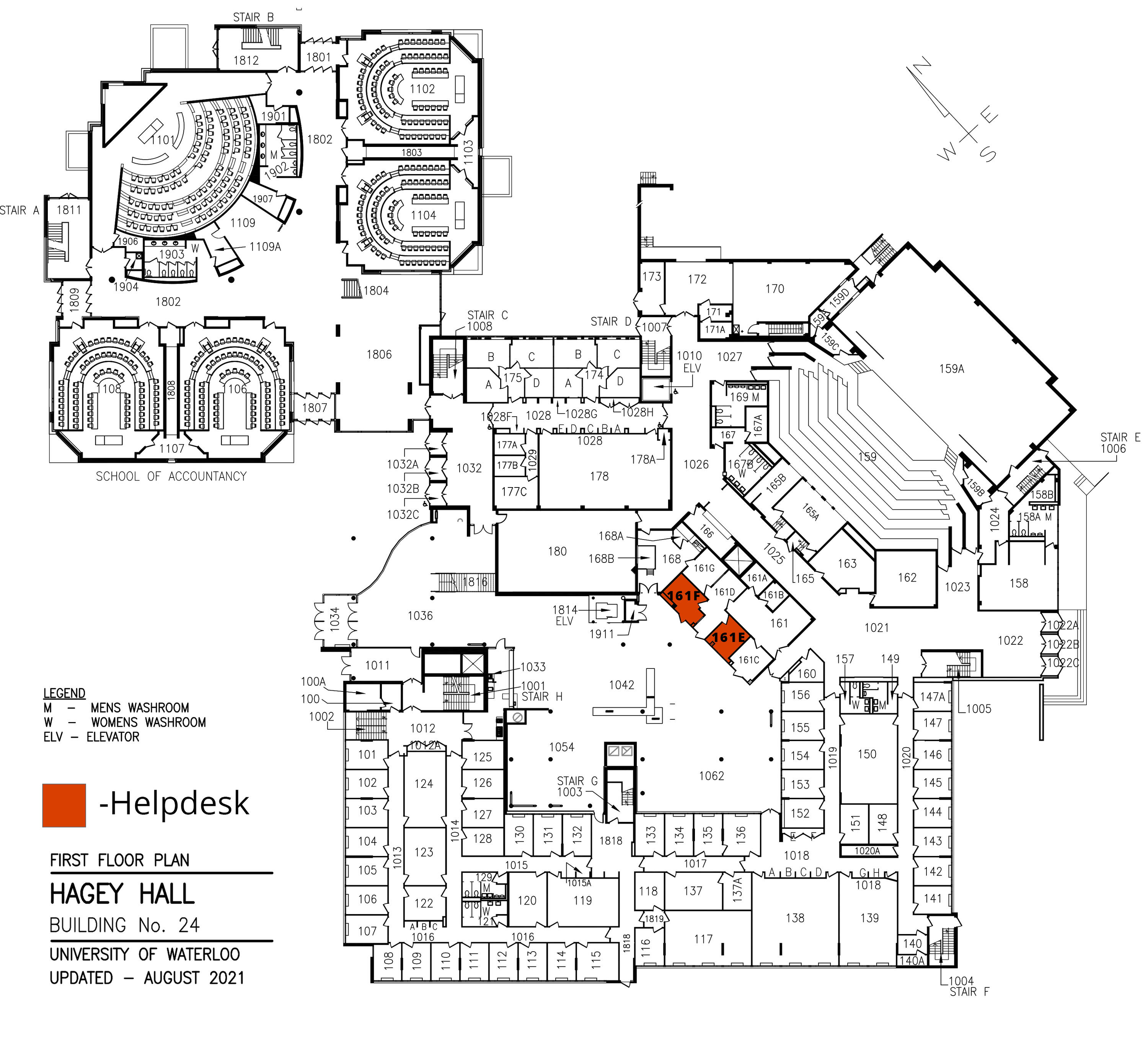 A map of the arts computing office's facilities in Hagey Hall. There is a helpdesk in rooms HH-161 E and F.