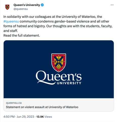 Screenshot of tweet from Queen's University with their logo