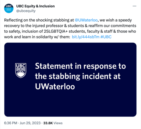 Screenshot of tweet by University of British Columbia with logo and text announcing their statement