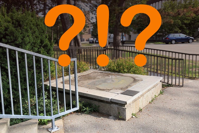 The empty pedestal where the Porcellino statue should be sitting. There are question marks and exclamation marks conveying people's puzzlement by the disappearance.