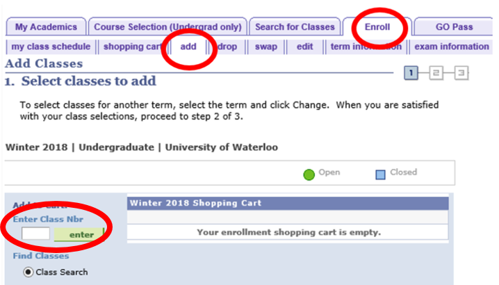 screen shot showing where to find the enroll tab and the add tab