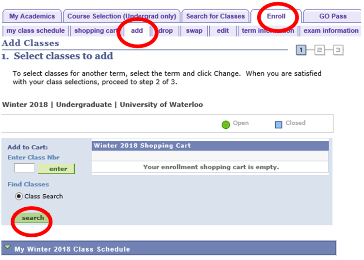 screen shot showing the button to click for searching a class number