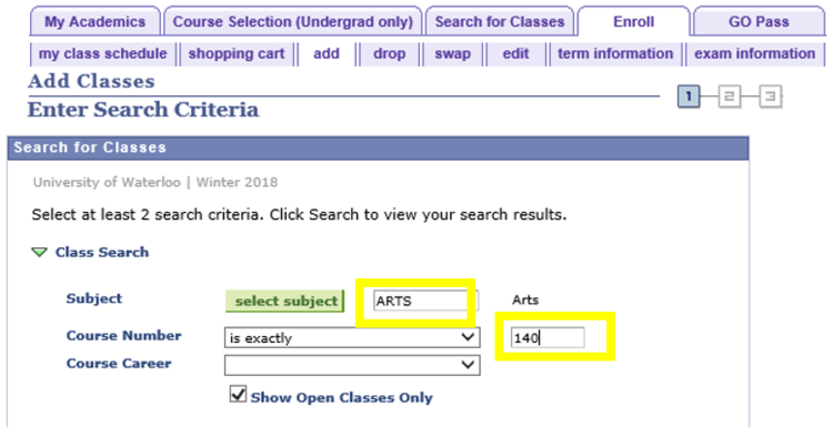 Screen shot of spaces to enter course codes