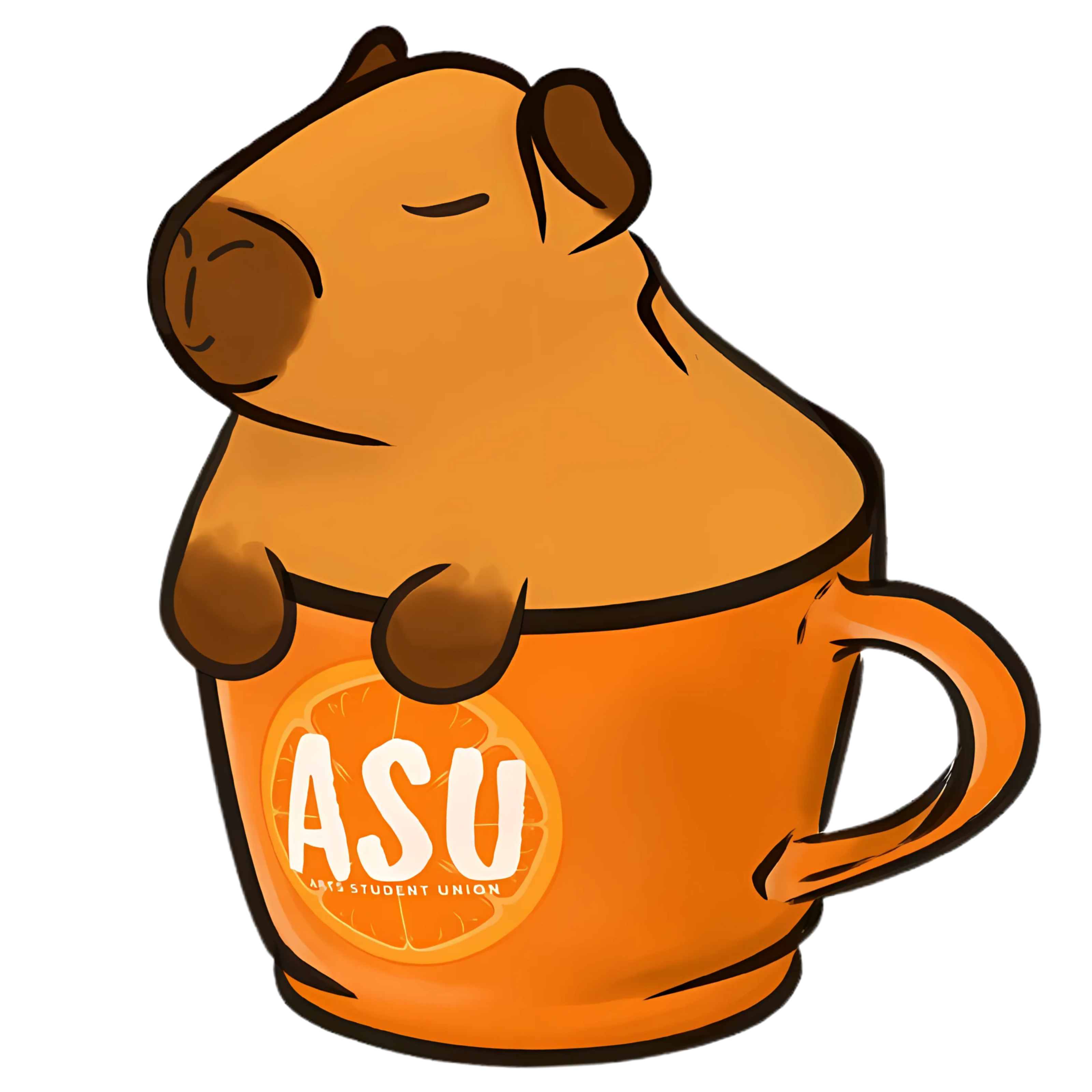 ASU Mascot, Capyccino the Capybara, in an orange ASU Cup