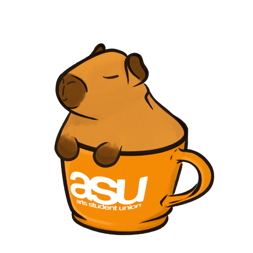 ASU's mascot, Capyccino the Capybara, in an orange mug branded with the ASU logo