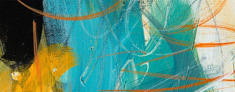 Abstract painting featuring gold threads of colour over black, teal and white swatches of colour
