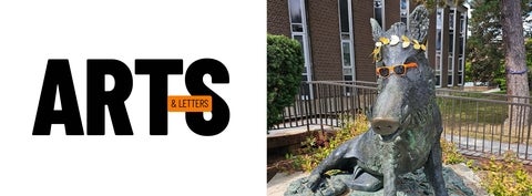 Arts & Letters next to an image of Porcellino's statue wearing a gold leaf crown and orange sunglasses