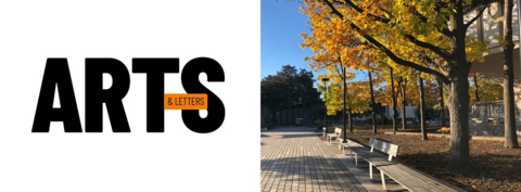 Arts and Letter banner with a picture of fall trees alongside the pathway near the library, and a sneaky fox ducking behind a bench
