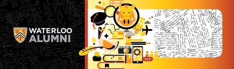 The Waterloo alumni logo and illustrations of things related to Arts, like the boar mascot, a phone, and hand written notes