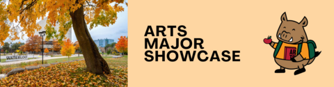 Fall scene with the arts mascot, porcellino. Text stating "Arts Major Showcase"