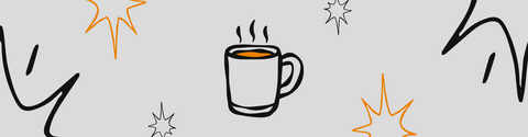 Monochromatic centred coffee cup with star graphics around it.