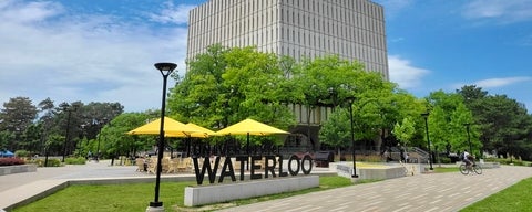 Waterloo sign in front of building and large umbrellas