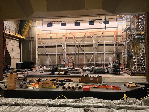 The stage torn apart for repairs during the renovations