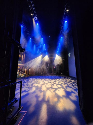 A view of the stage with bright spotlights, as seen from the wings