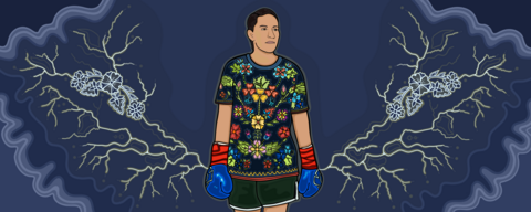 Illutration of Mary Spencer wearing Indigenous decorative shirt and boxing gloves