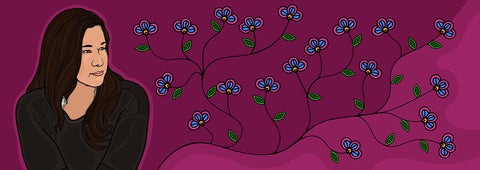 Illustration of katherena vermette surrounded by blue flowers and a maroon background