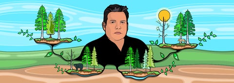 Illustration of Niigaan Sinclair with trees and landscape
